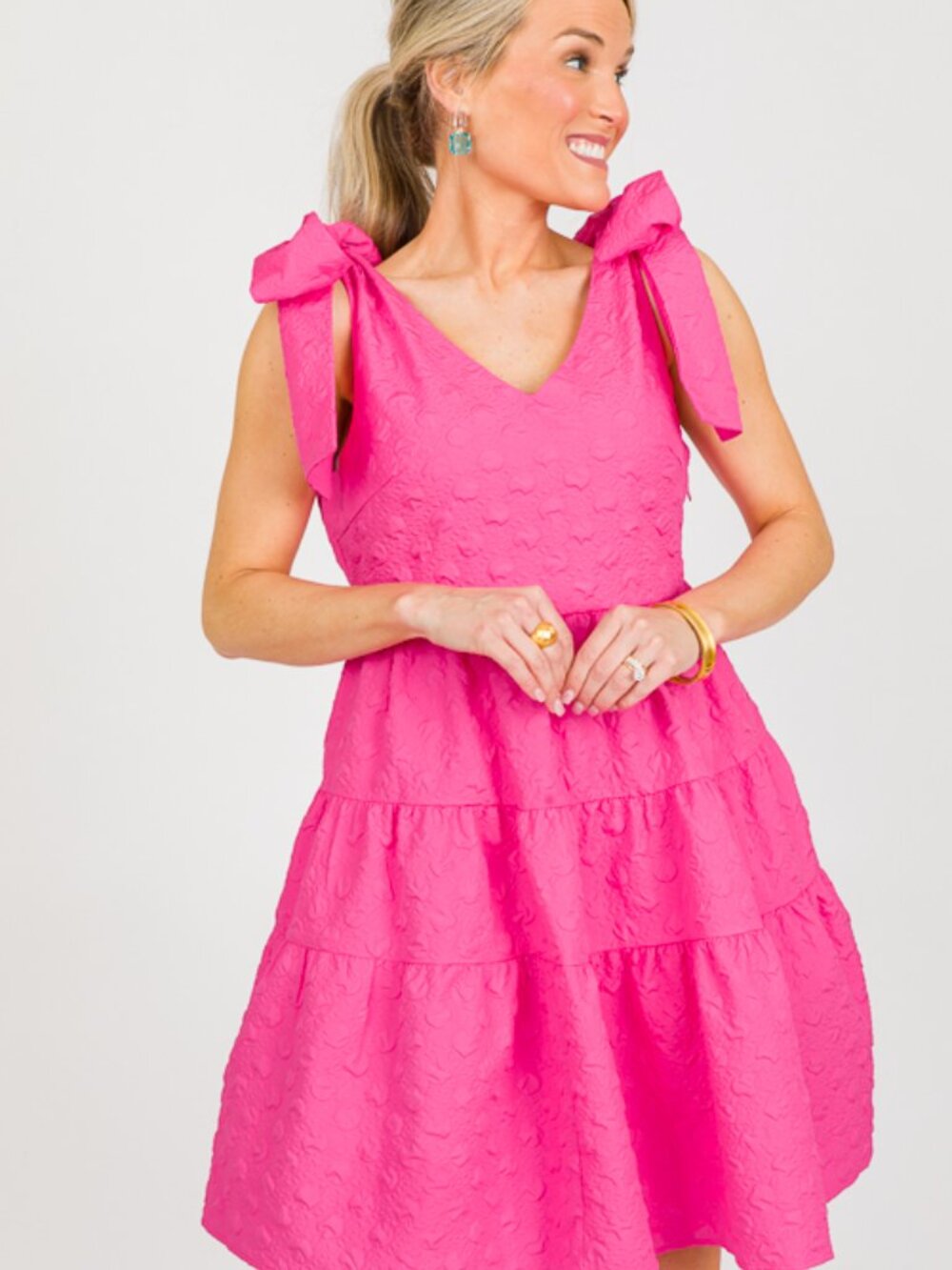 Ces Femme Hot Pink Bow Shoulder Dress 💖 | Textured Tiered Mini (L)